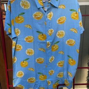 Light blue blouse with orange slices.